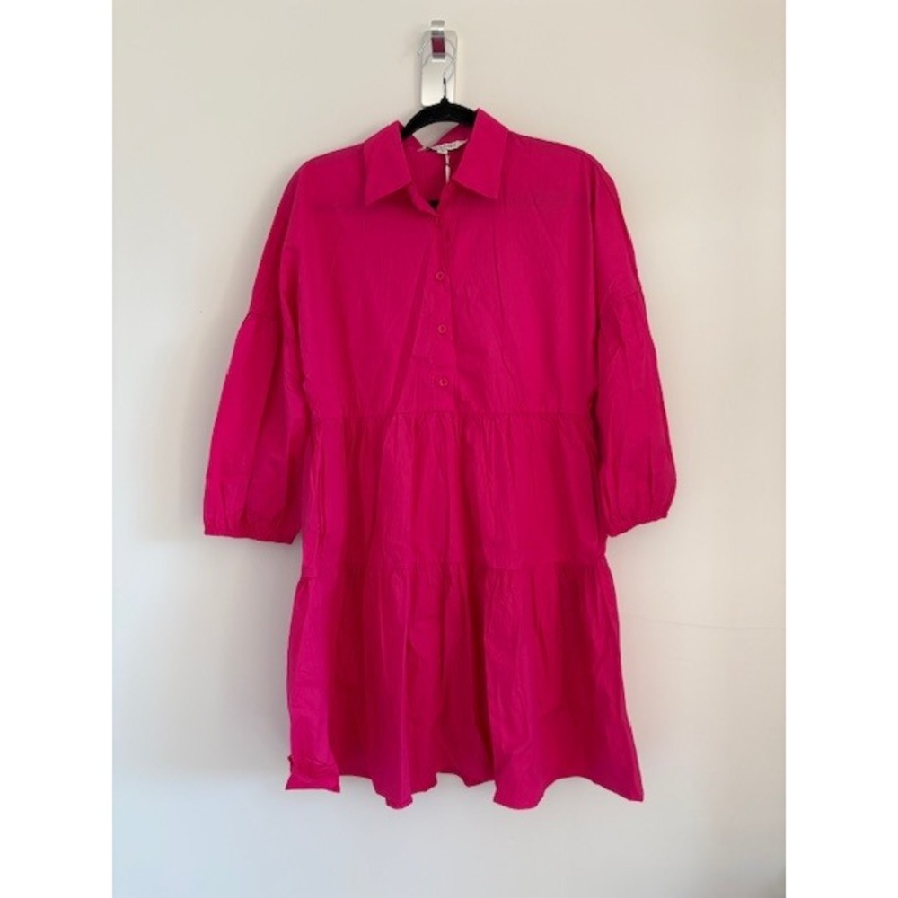Davi & Dani Hot Pink Tiered Button‎ Down Mini Shirt Dress Small Balloon Sleeve